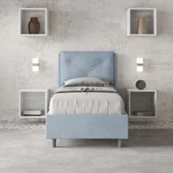 Letto 80x190cm contenitore singolo con tre bottoni in microfibra azzurro LIT46