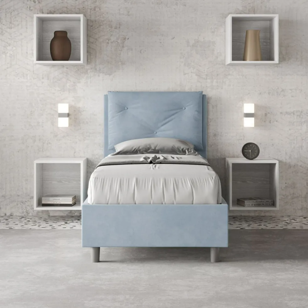 Letto 80x190cm contenitore singolo con tre bottoni in microfibra azzurro LIT46