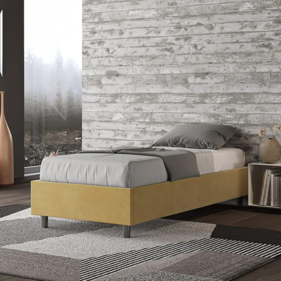 Letto 90x210cm contenitore sommier in microfibra ocra LIT98