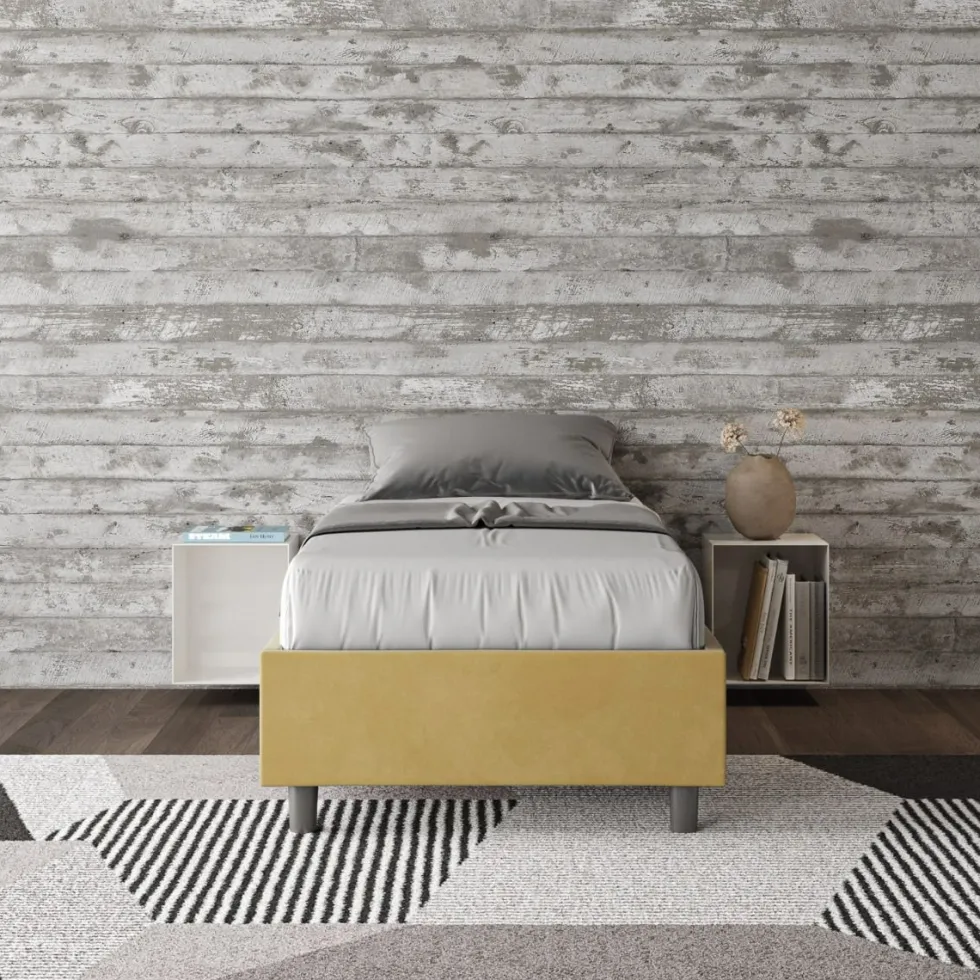 Letto 90x200cm contenitore sommier in microfibra ocra LIT96