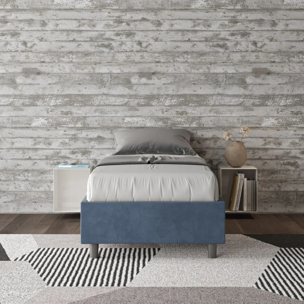 Letto 90x200cm contenitore sommier in microfibra blu LIT96