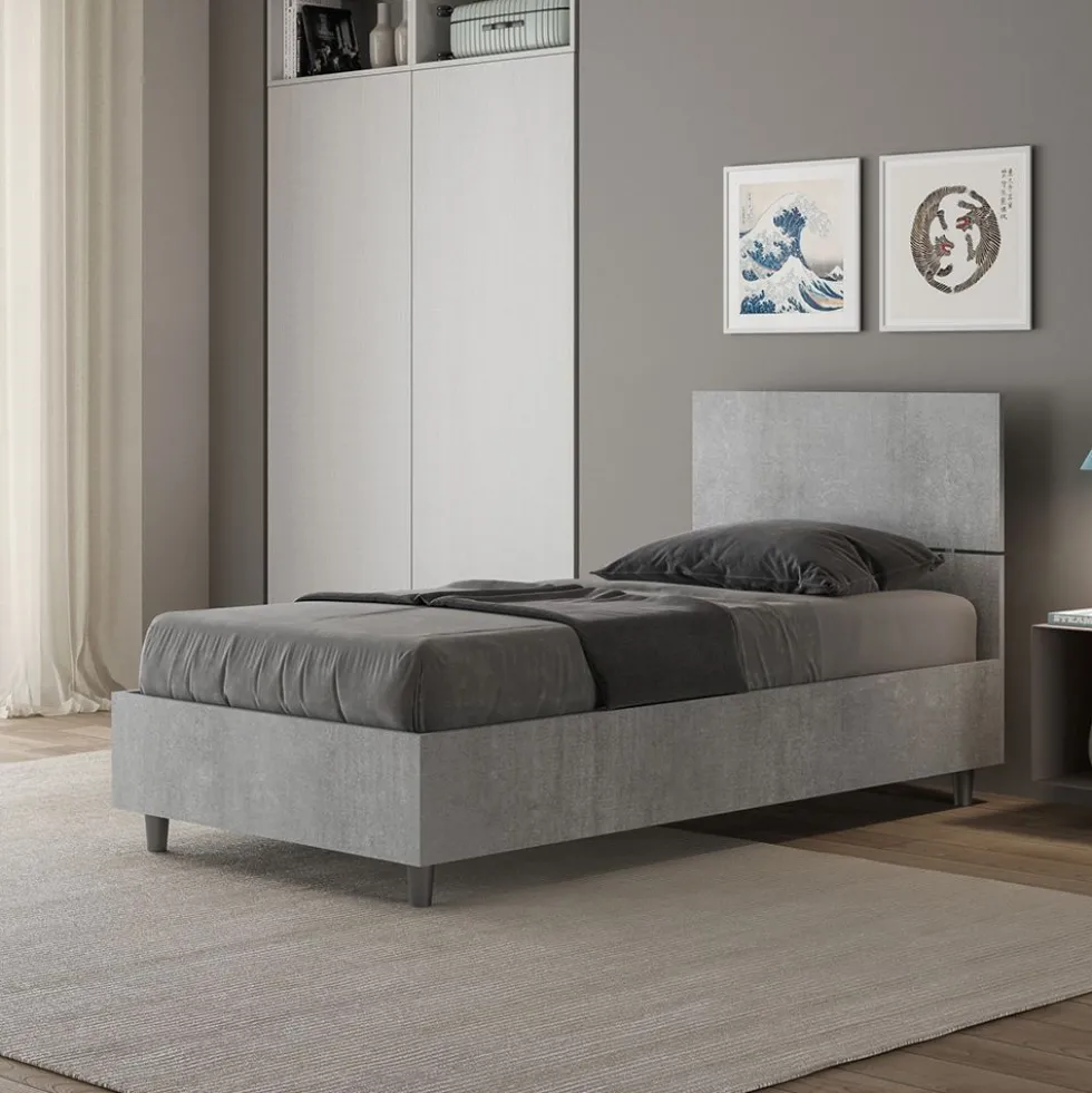 Letto 80x190cm contenitore testiera dritta moderno cemento LIT78