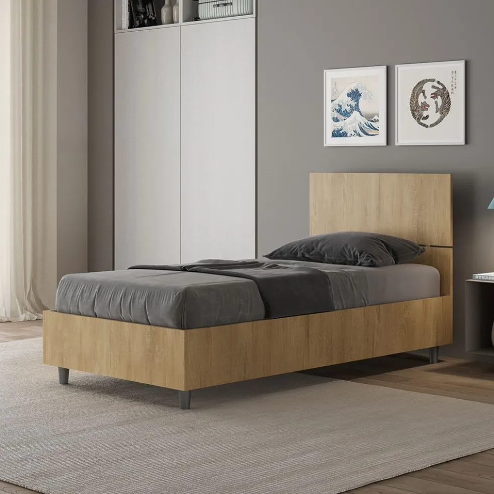 Letto 80x190cm contenitore testiera dritta effetto legno quercia LIT78