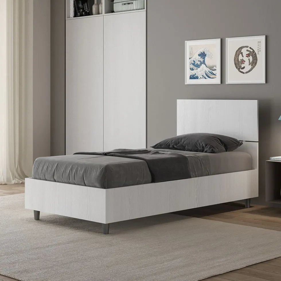 Letto 80x190cm contenitore testiera dritta effetto legno bianco frassino LIT78