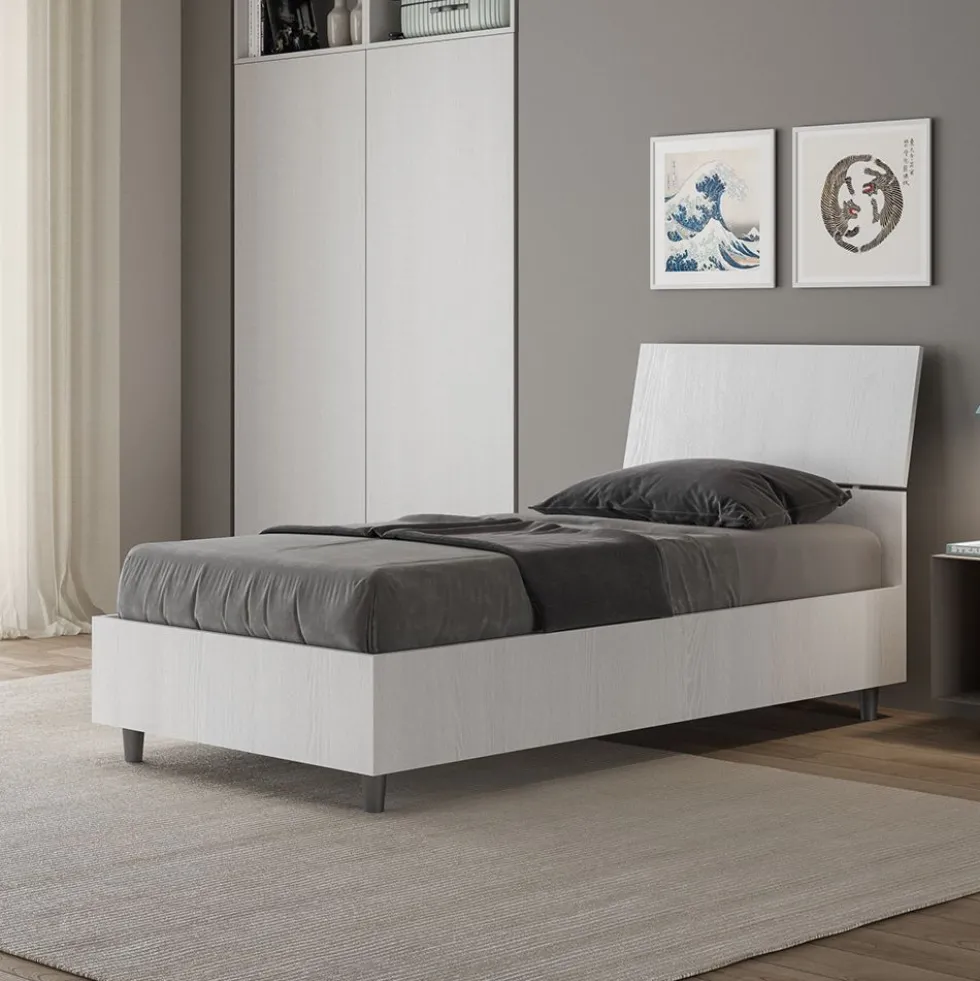 Letto 80x200cm contenitore testiera inclinata effetto legno bianco frassino LIT84
