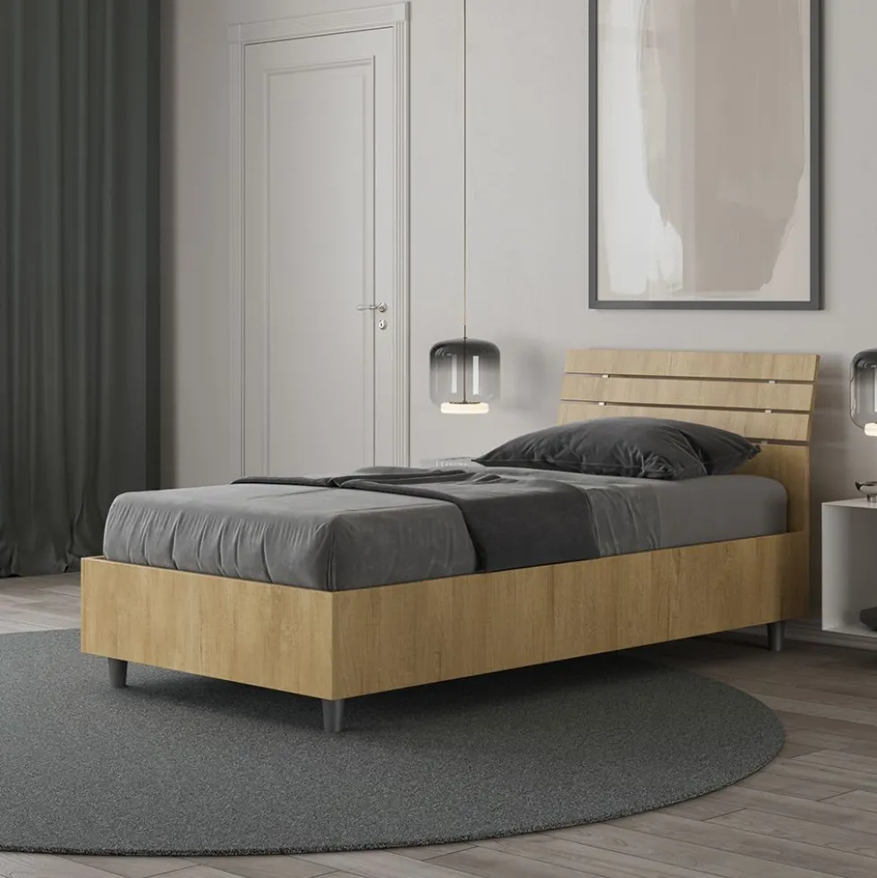 Letto 80x190cm contenitore testiera inclinata effetto legno quercia LIT90