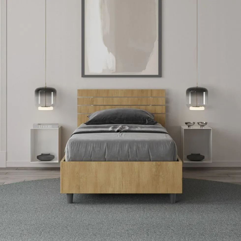 Letto 80x190cm contenitore testiera inclinata effetto legno quercia LIT90