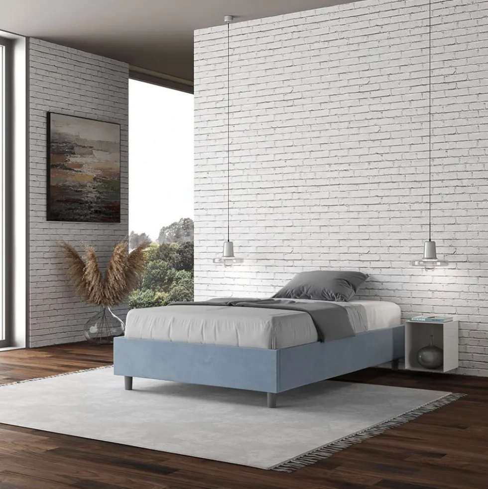 Letto 140x210cm francese sommier in microfibra azzurro LIT267