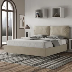 Letto 160x190cm matrimoniale con cuscino in microfibra sabbia beige LIT417