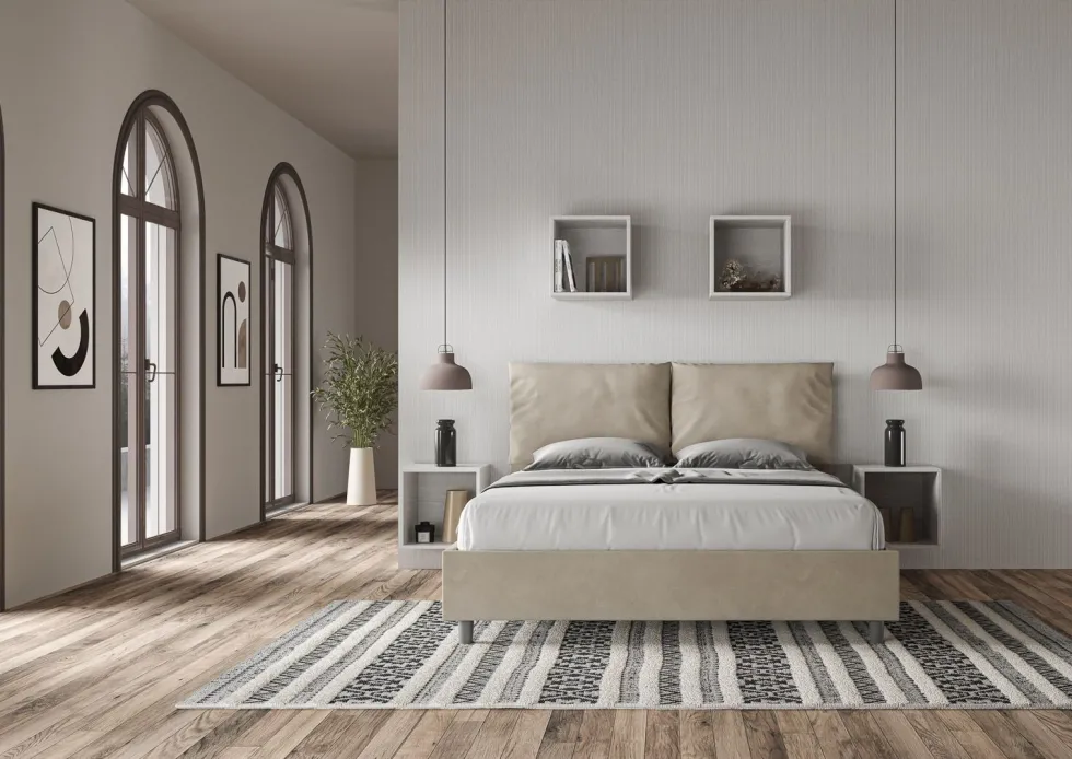 Letto 160x190cm matrimoniale con cuscino in microfibra sabbia beige LIT417