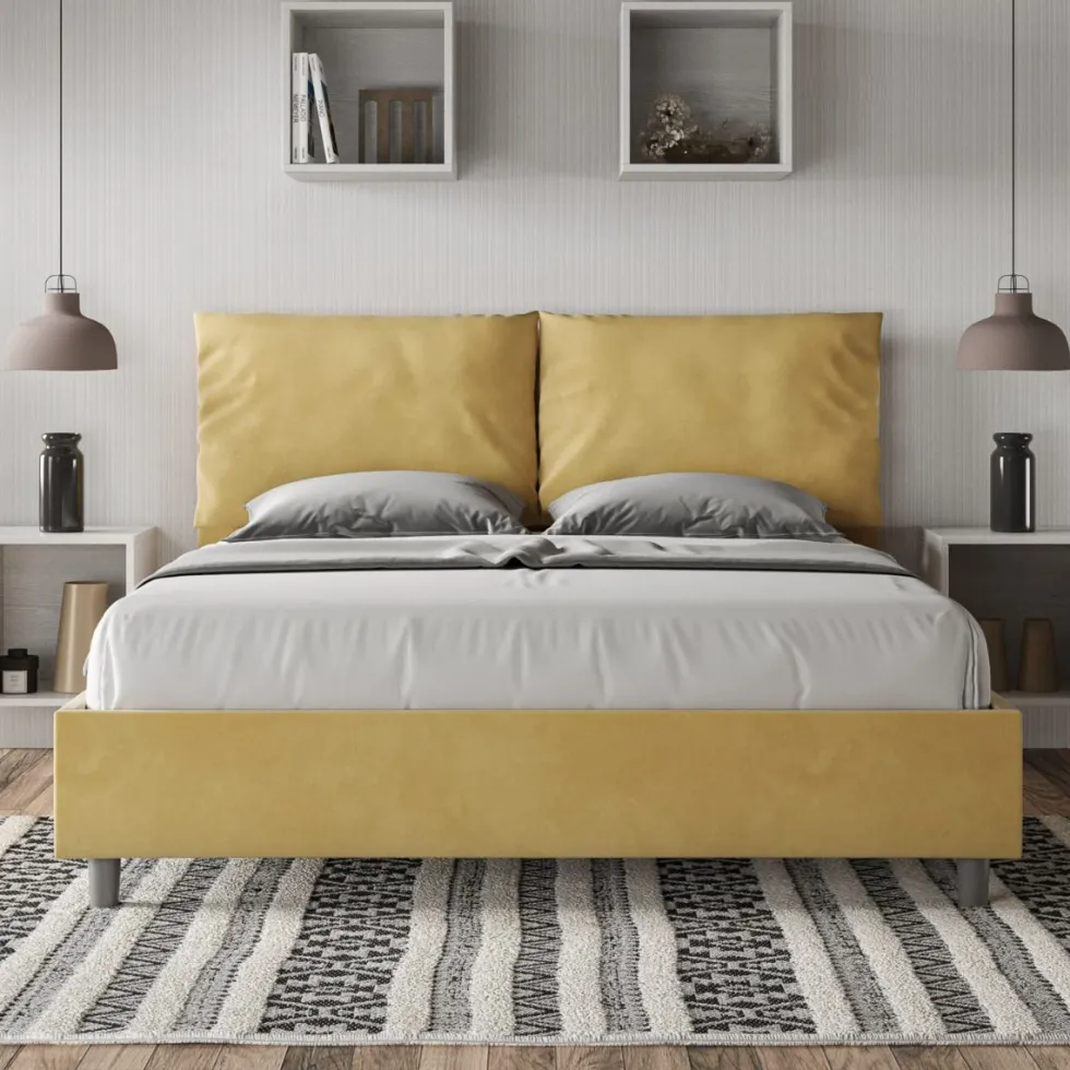 Letto 160x190cm matrimoniale con cuscino in microfibra ocra LIT417