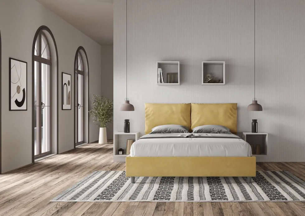 Letto 160x190cm matrimoniale con cuscino in microfibra ocra LIT417