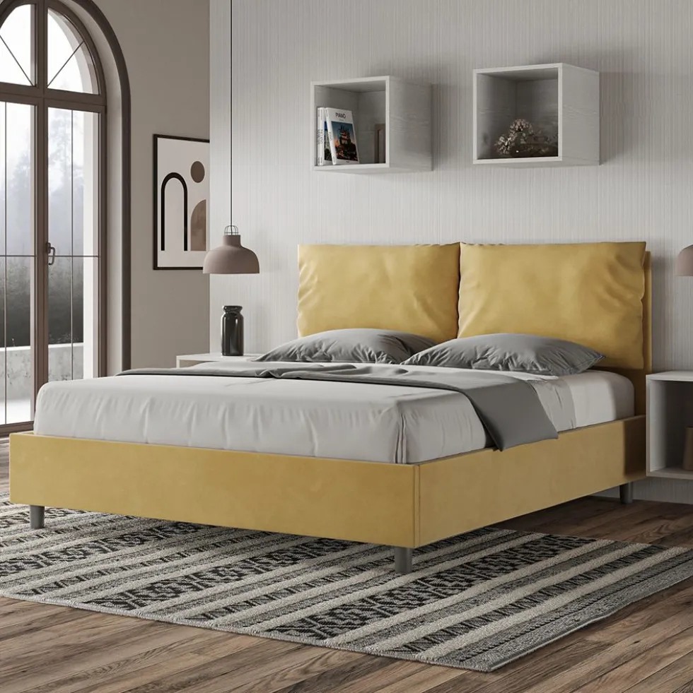 Letto 160x190cm matrimoniale con cuscino in microfibra ocra LIT417