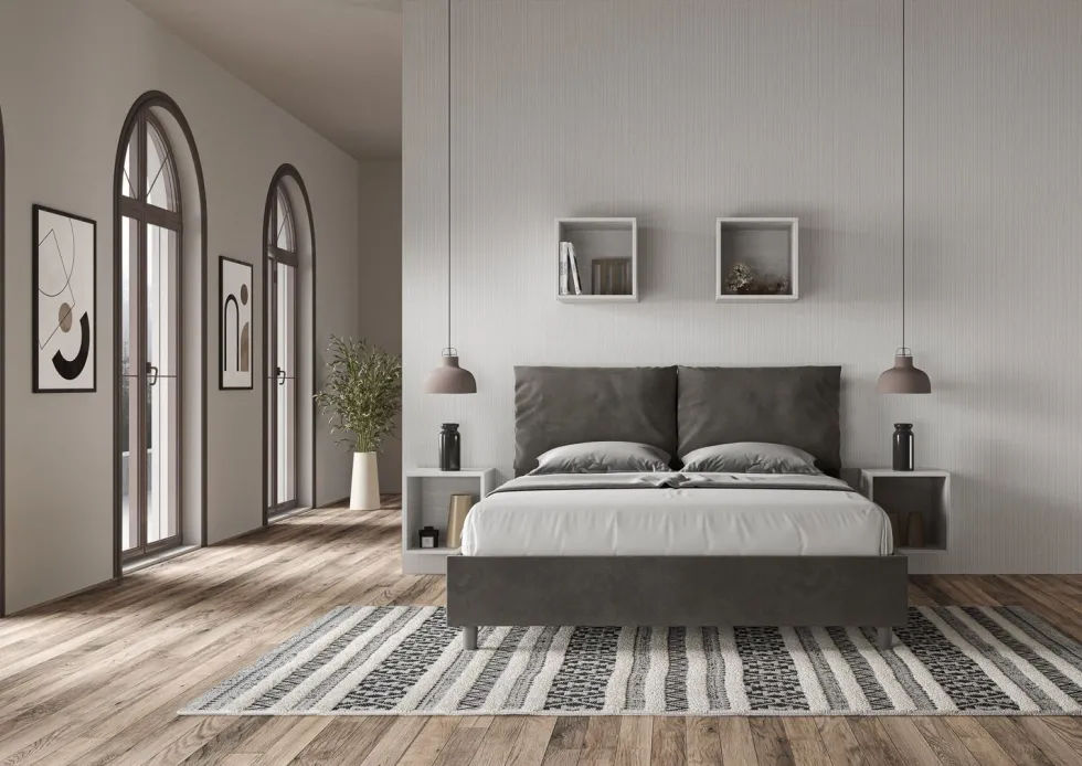 Letto 160x190cm matrimoniale con cuscino in microfibra grigio LIT417