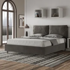 Letto 160x190cm matrimoniale con cuscino in microfibra grigio LIT417