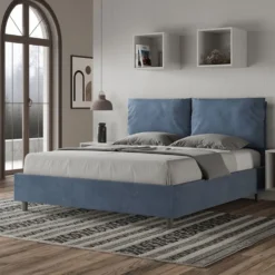 Letto 160x190cm matrimoniale con cuscino in microfibra blu LIT417