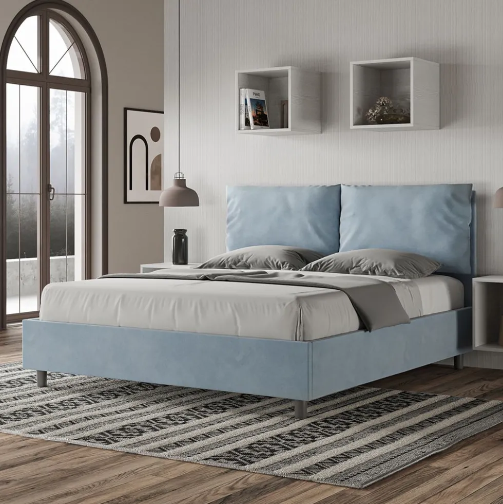 Letto 160x190cm matrimoniale con cuscino in microfibra azzurro LIT417