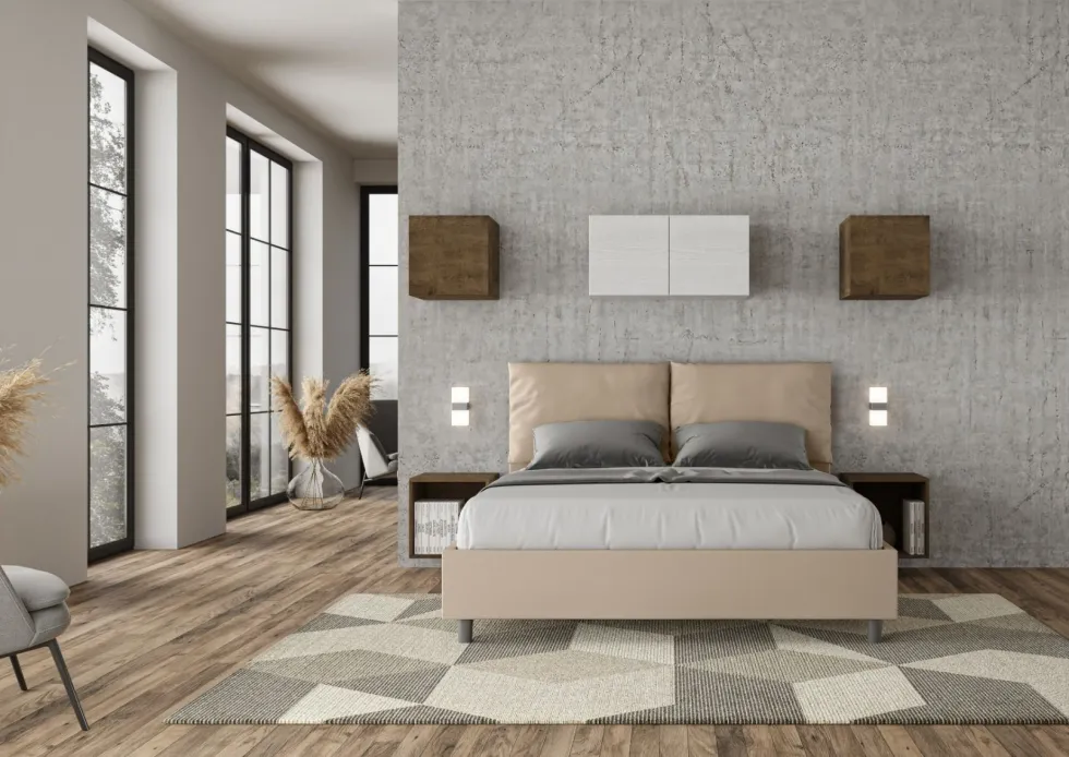 Letto 160x200cm matrimoniale con cuscino in similpelle tortora LIT419