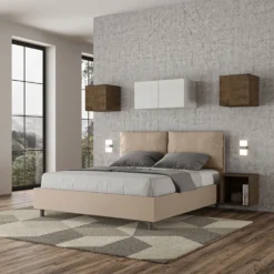 Letto 160x190cm matrimoniale con cuscino in similpelle tortora LIT415