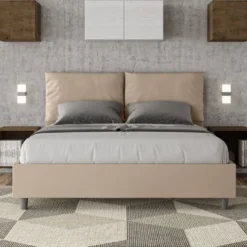 Letto 160x190cm matrimoniale con cuscino in similpelle tortora LIT415