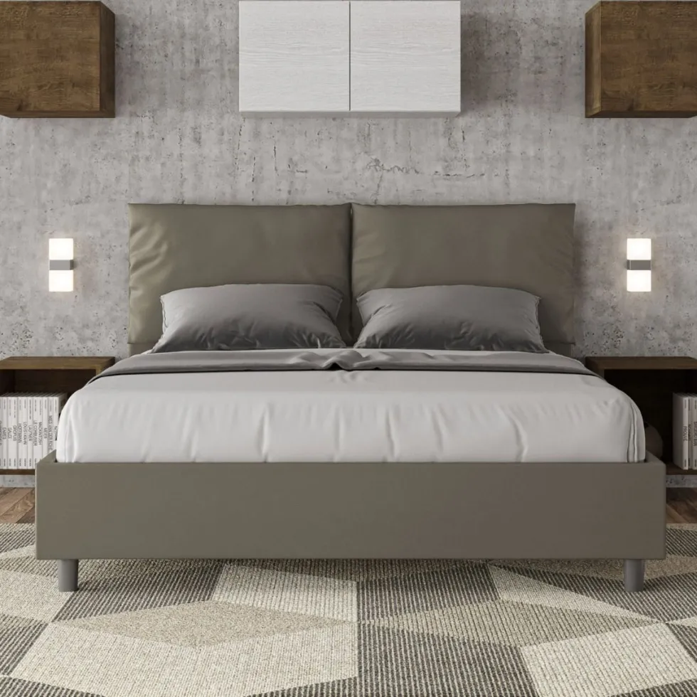 Letto 160x190cm matrimoniale con cuscino in similpelle cappuccino LIT415