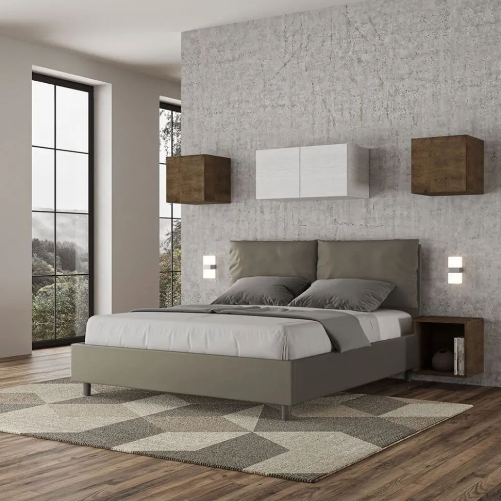 Letto 160x190cm matrimoniale con cuscino in similpelle cappuccino LIT415