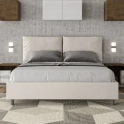 Letto 160x190cm matrimoniale con cuscino in similpelle bianco LIT415