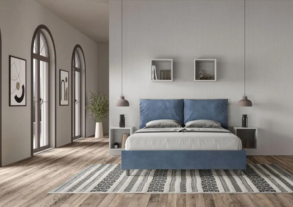 Letto 160x210cm matrimoniale con cuscino in microfibra blu LIT425