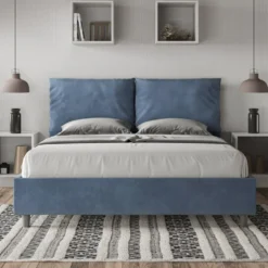 Letto 160x210cm matrimoniale con cuscino in microfibra blu LIT425