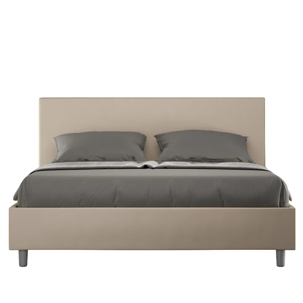 Letto 160x190cm matrimoniale contenitore con testiera imbottita tortora LIT386