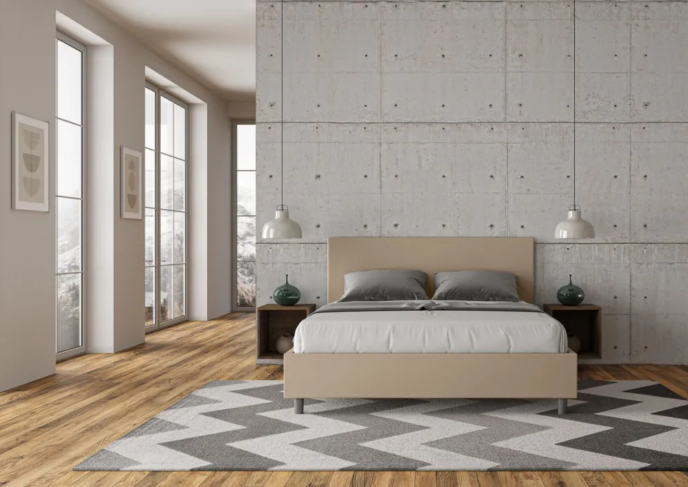 Letto 160x190cm matrimoniale contenitore con testiera imbottita tortora LIT386