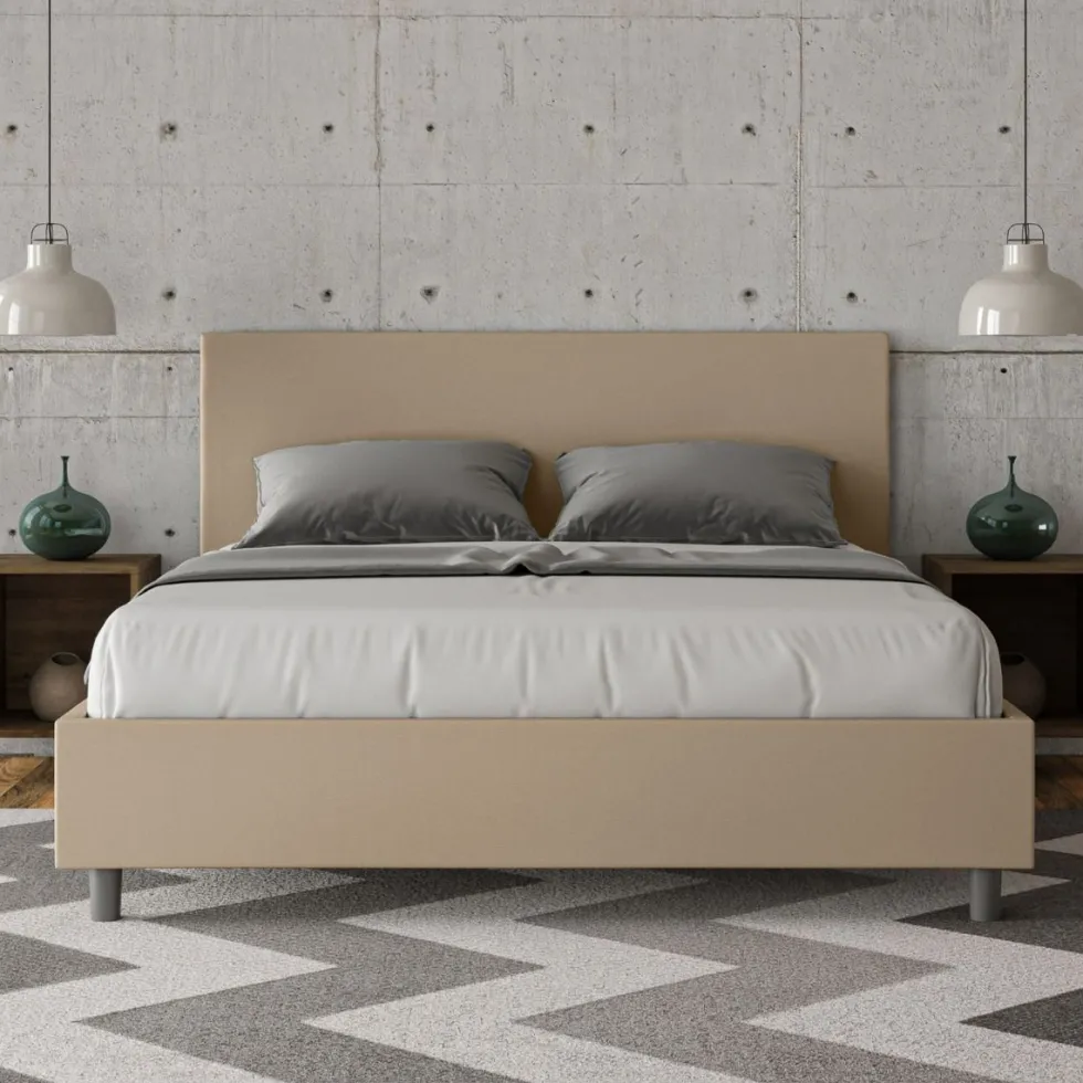 Letto 160x190cm matrimoniale contenitore con testiera imbottita tortora LIT386