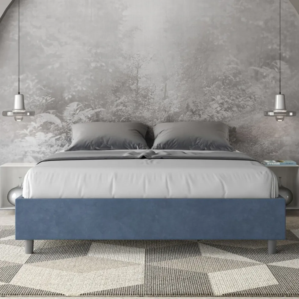 Letto 160x190cm matrimoniale contenitore sommier in microfibra blu LIT358