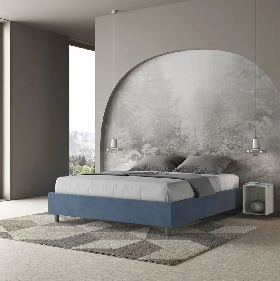 Letto 160x190cm matrimoniale contenitore sommier in microfibra blu LIT358