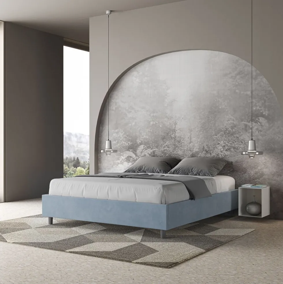 Letto 160x190cm matrimoniale contenitore sommier in microfibra azzurro LIT358
