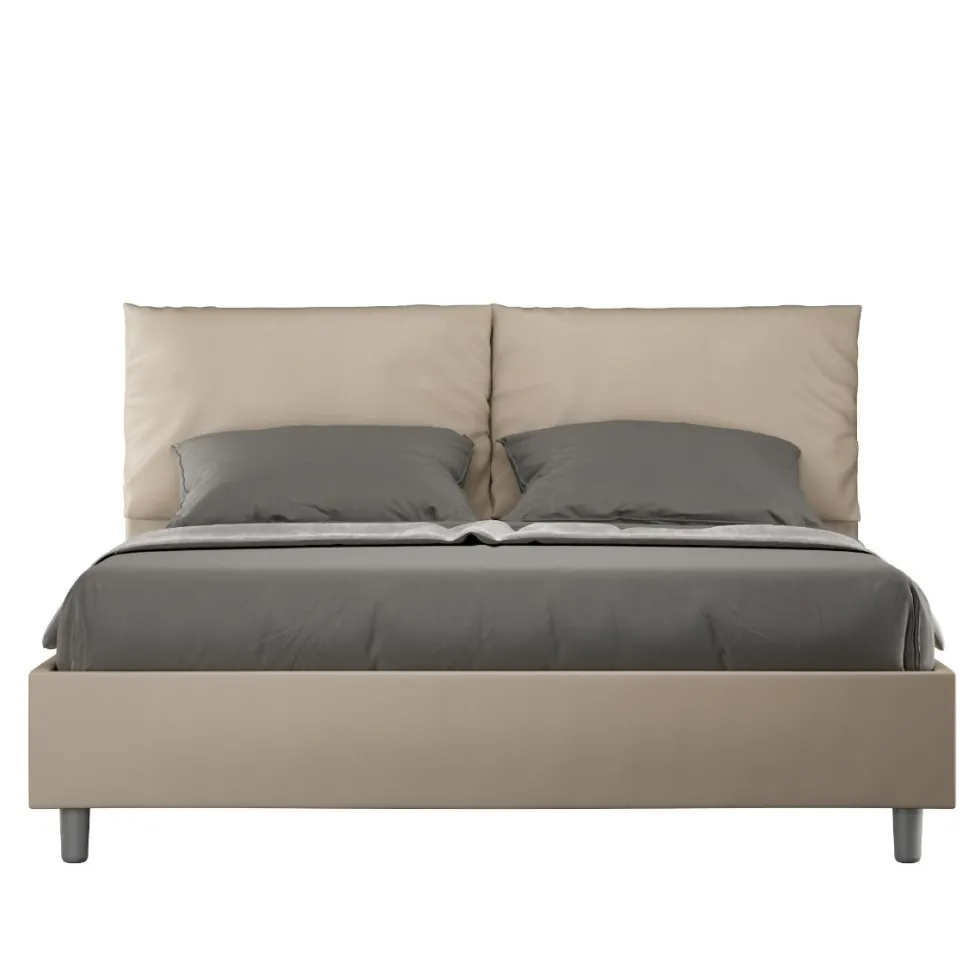 Letto 160x210cm matrimoniale contenitore con cuscino in similpelle tortora LIT424