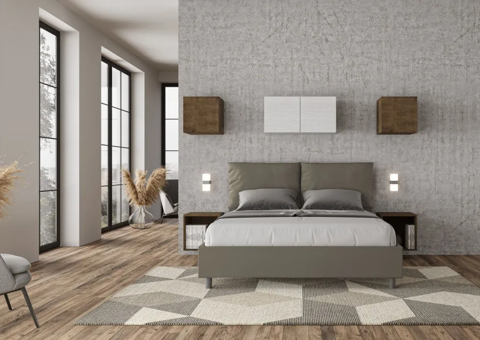 Letto 160x210cm matrimoniale contenitore con cuscino in similpelle cappuccino LIT424