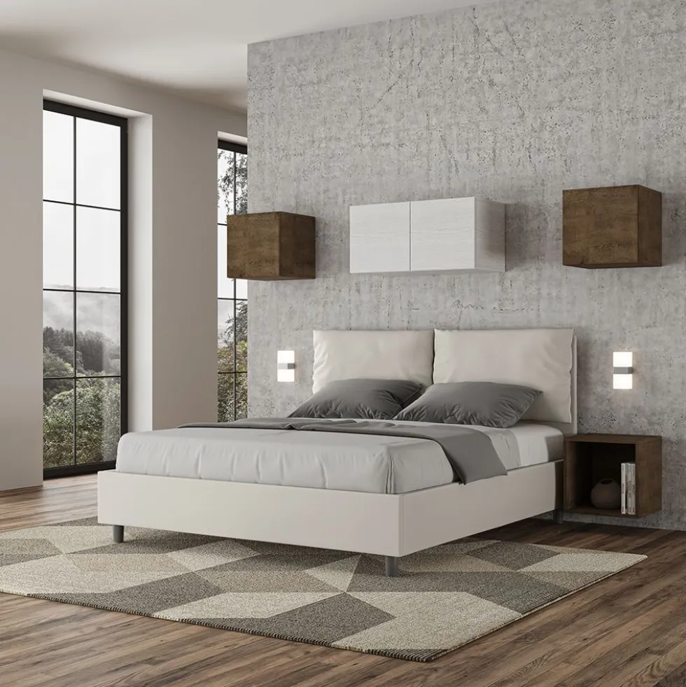 Letto 160x210cm matrimoniale contenitore con cuscino in similpelle bianco LIT424