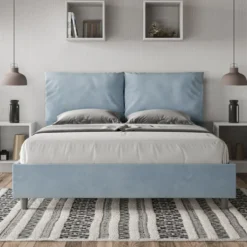 Letto 160x210cm matrimoniale contenitore con cuscino in microfibra azzurro LIT426