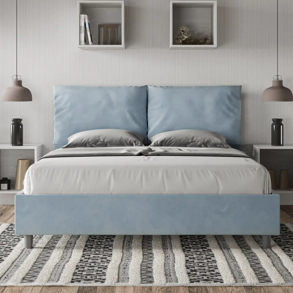 Letto 160x210cm matrimoniale contenitore con cuscino in microfibra azzurro LIT426