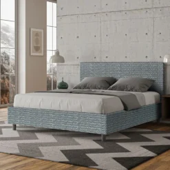 Letto 160x210cm matrimoniale contenitore con testiera imbottita in tessuto blu LIT414