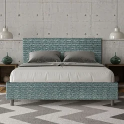 Letto 160x210cm matrimoniale contenitore con testiera imbottita in tessuto blu LIT414