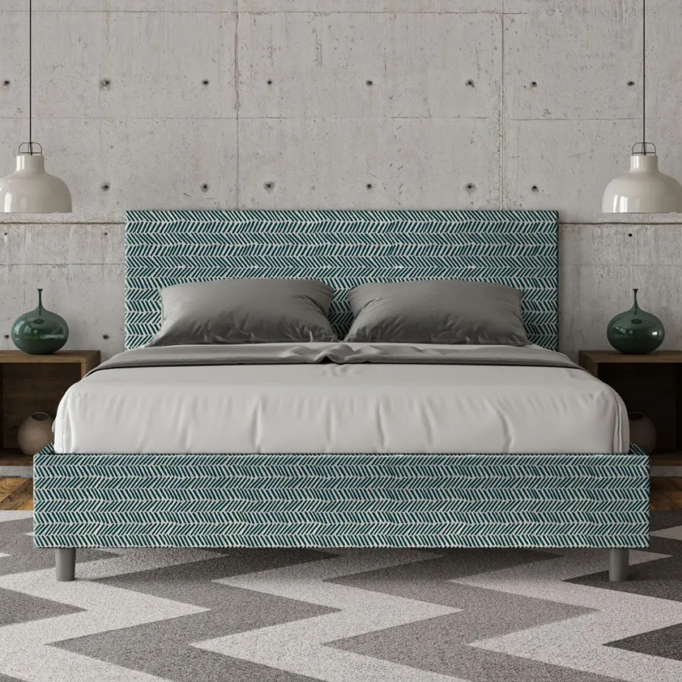 Letto 160x210cm matrimoniale contenitore con testiera imbottita in tessuto blu LIT414