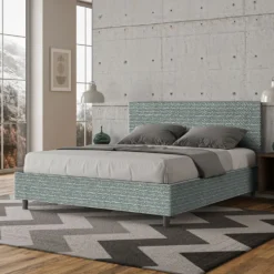 Letto 160x210cm matrimoniale contenitore con testiera imbottita in tessuto azzurro LIT414