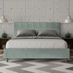 Letto 160x210cm matrimoniale contenitore con testiera imbottita in tessuto azzurro LIT414