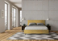 Letto 160x210cm matrimoniale contenitore con testiera imbottita in tessuto giallo LIT412