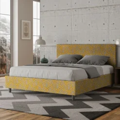 Letto 160x210cm matrimoniale contenitore con testiera imbottita in tessuto giallo LIT412