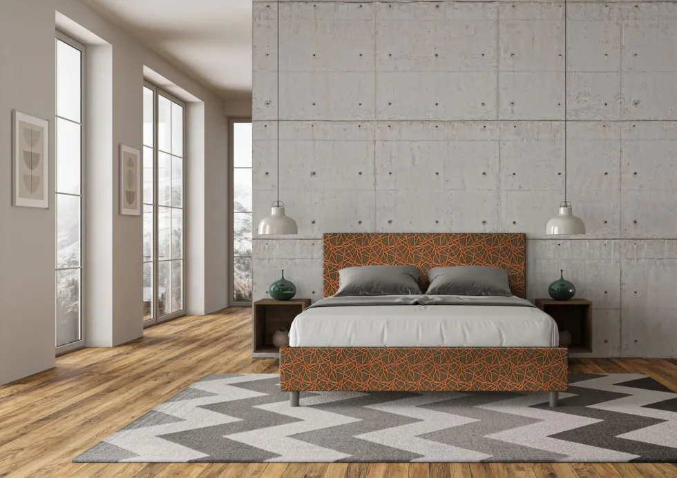 Letto 160x210cm matrimoniale contenitore con testiera imbottita in tessuto arancio LIT412