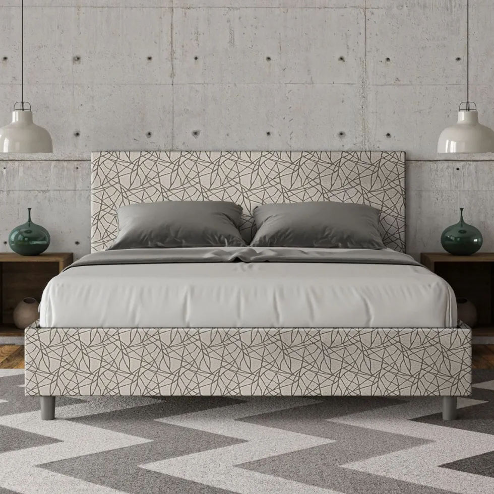 Letto 160x210cm matrimoniale contenitore con testiera imbottita in tessuto grigio LIT412
