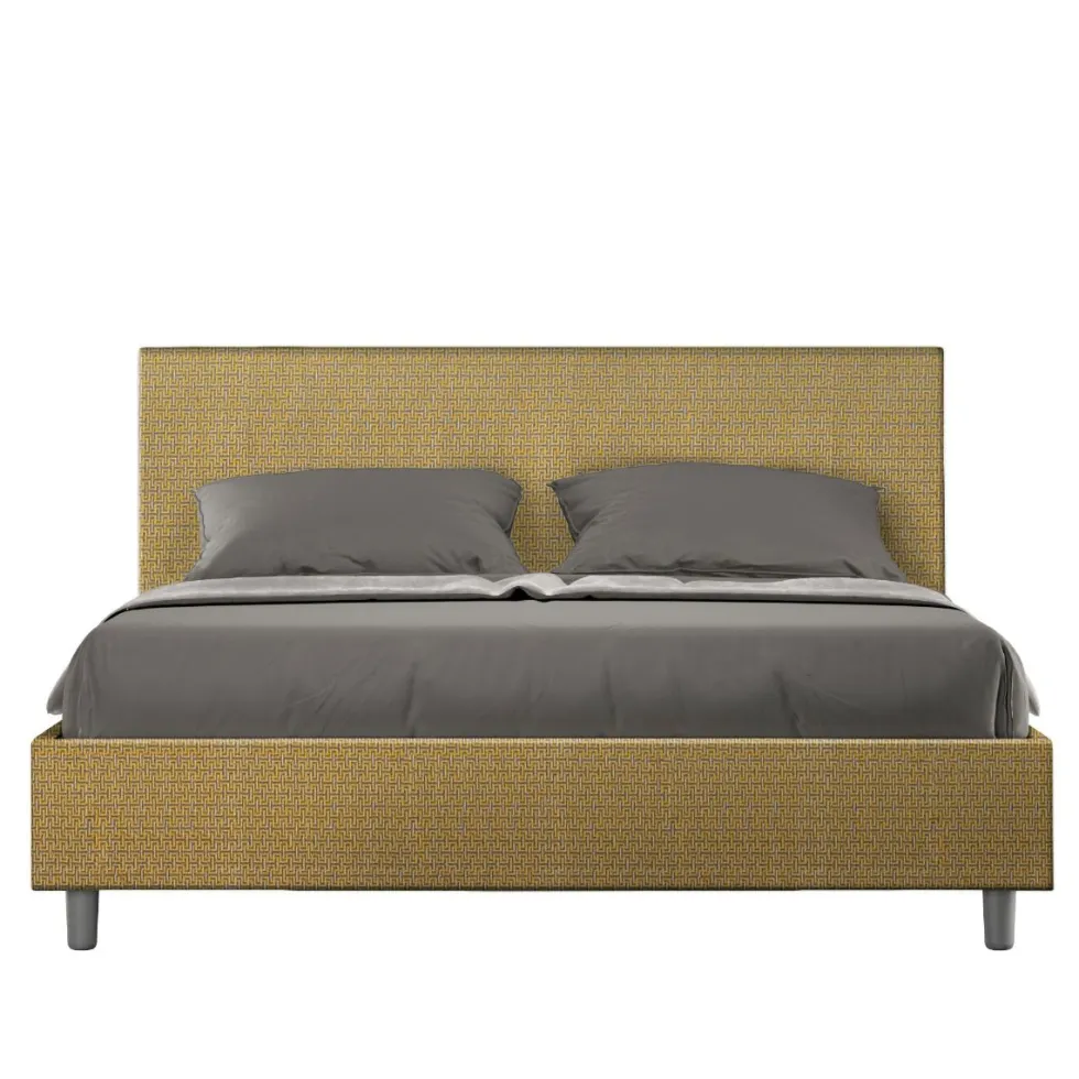 Letto 160x210cm matrimoniale contenitore con testiera imbottita in tessuto giallo LIT410